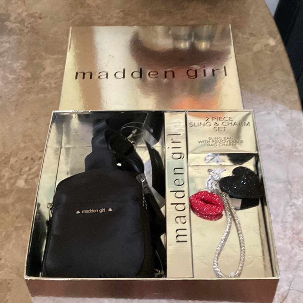 Madden Girl Black Sling Bag with Red and Black Charms